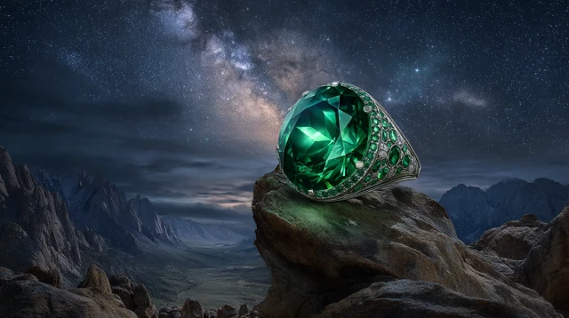 Green Sapphire Gem in Cosmic Night Sky