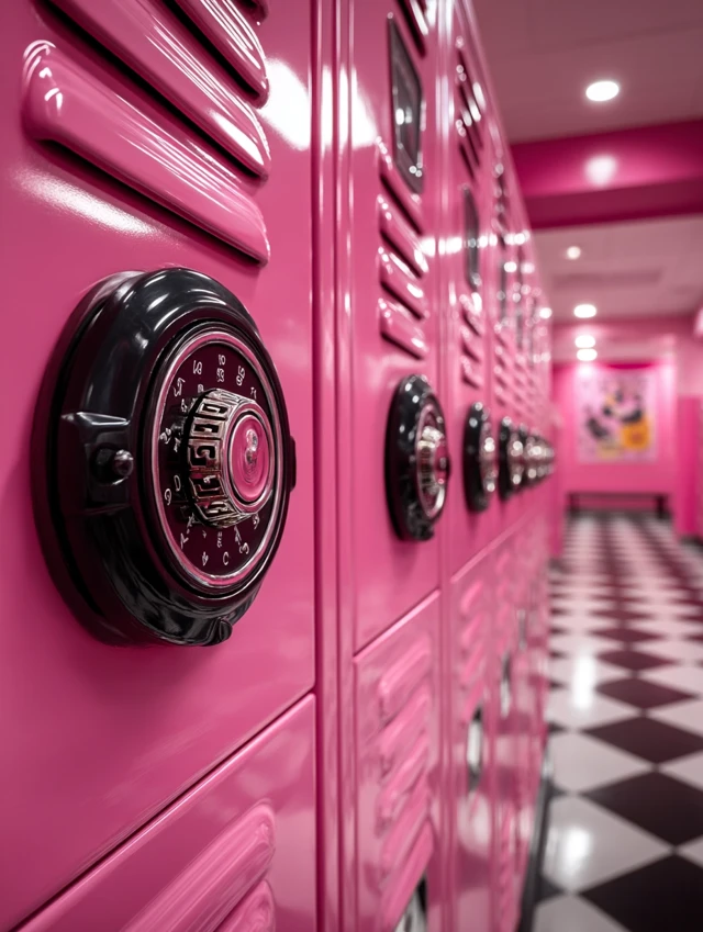 Pink High School Lockers with Black Combination Locks