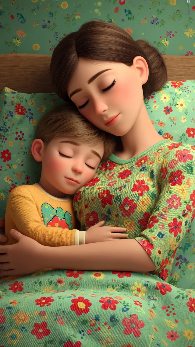 Mother and Baby Sleeping Pixar Style