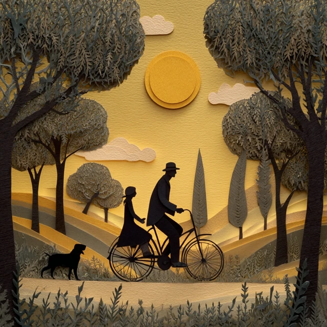 Father and Daughter Bike Ride in Paper Art Style