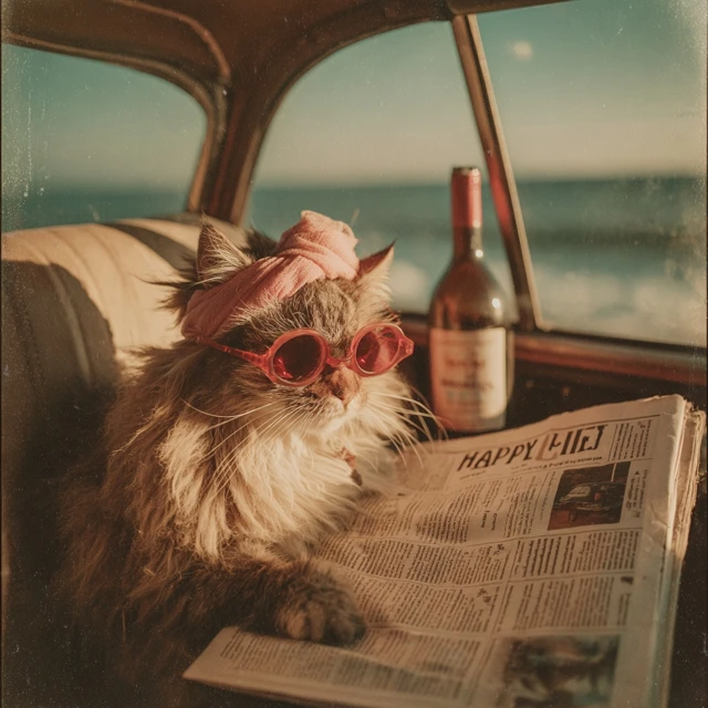 Cat on a Beach Road Trip Vintage Polaroid