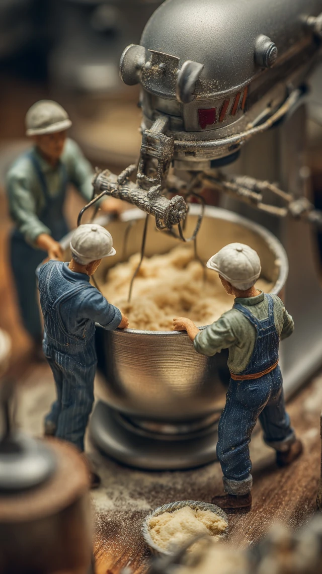 Miniature Bakers Mixing Dough Realistic Details