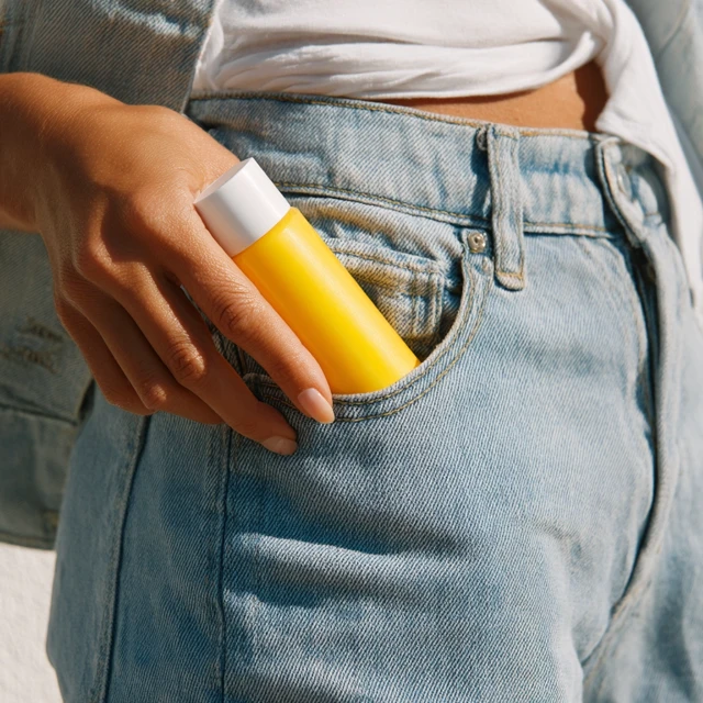Woman Putting Yellow Bottle in Pocket
