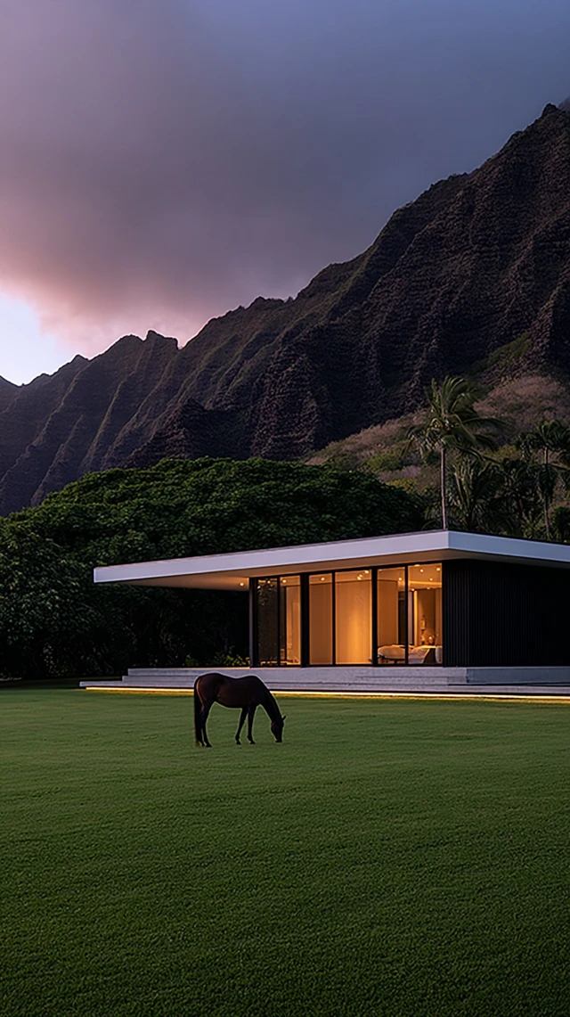 Modern House in Hawaii Mountains with a Horse