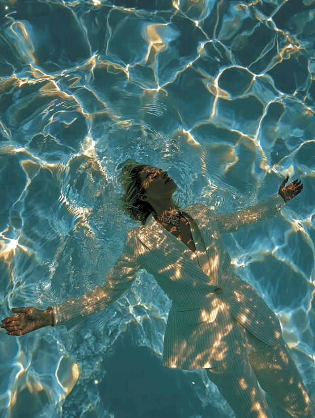 Woman in Dinner Suit Floating in Pool Drone Shot