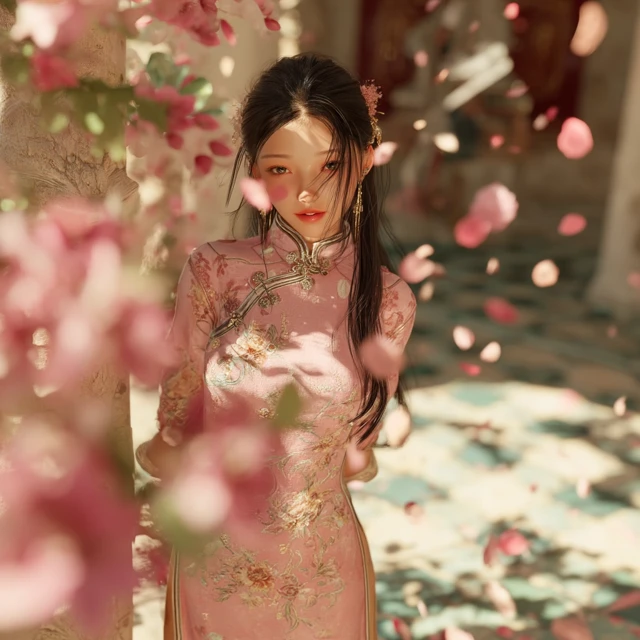 Eastern Beauty in Qipao Blossoms and Sunlight