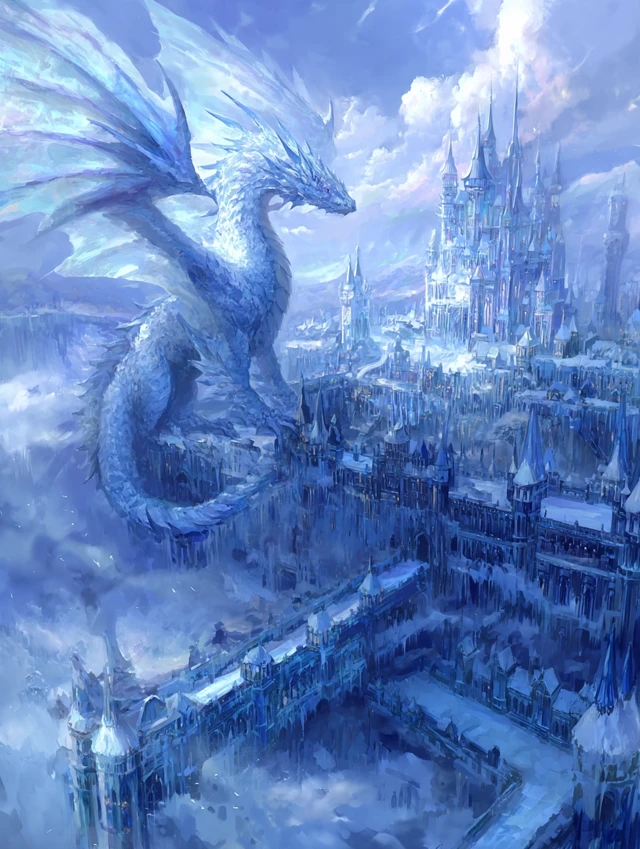Majestic White Dragon on Ice Castle Fantasy Art