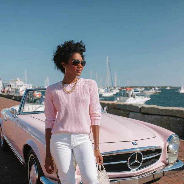 Beautiful Woman and Vintage Mercedes in Nantucket