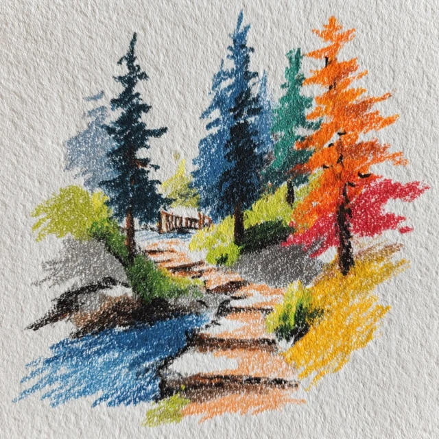 Naive Crayon Forest Scene with Stream and Bridge