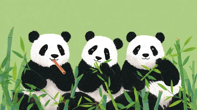 Pandas Eating Bamboo and Playing in the Green Grass