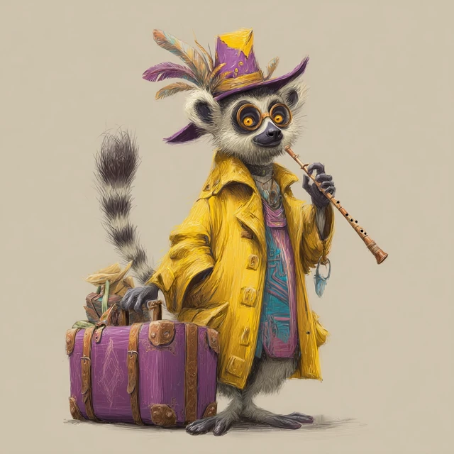 Whimsical Lemur Adventurer with Flute Illustration
