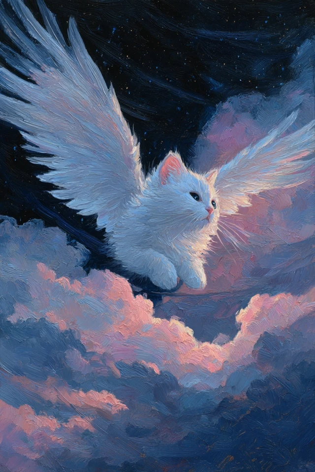 Angel Cat Painting Twilight Sky