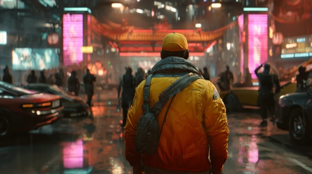 Cyberpunk Ape at Casino Entrance