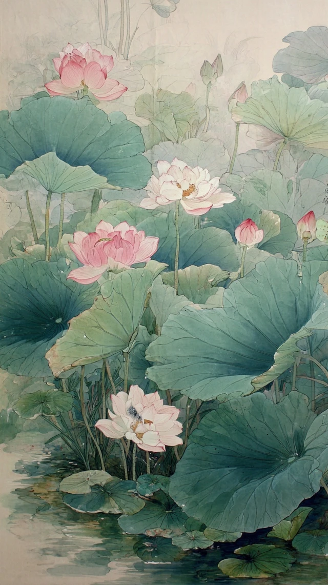Chinese Painting Lotus Flowers Summer Pond Art