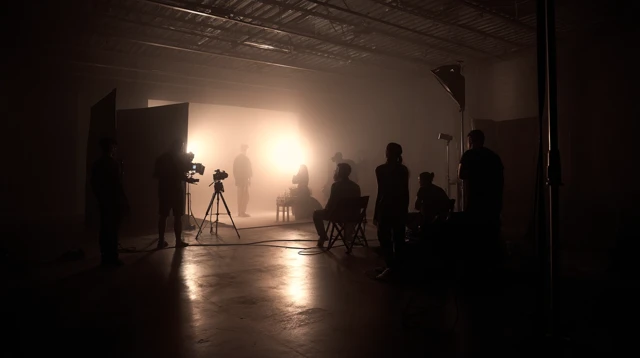 Dark Studio Scene with Camera Crew and Dramatic Lighting