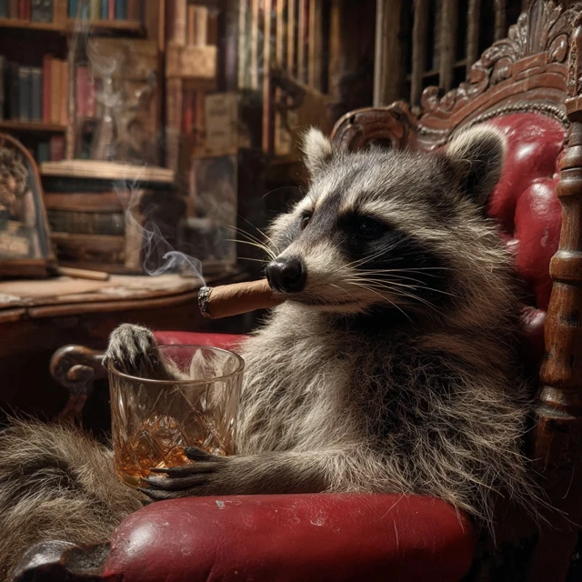 Photorealistic Raccoon Smoking Cigar and Drinking Whiskey