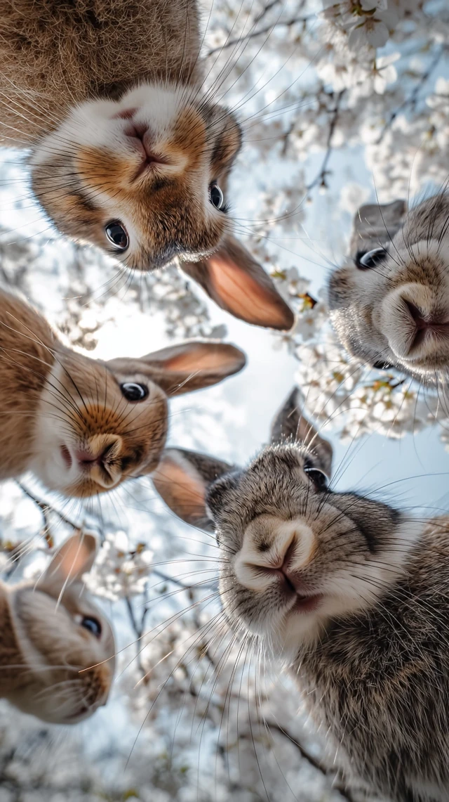 Adorable Rabbits Under Cherry Blossoms
