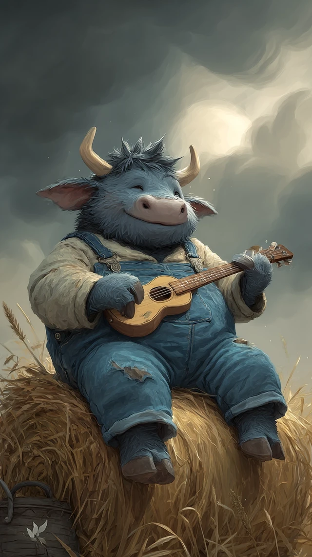 Cute Bull Plays Guitar on Haystack Illustration