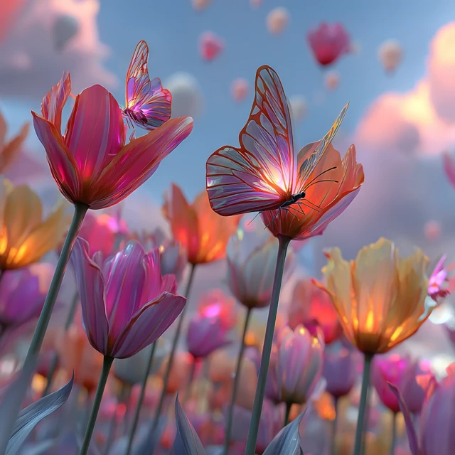 Dreamy Glowing Tulips and Butterflies