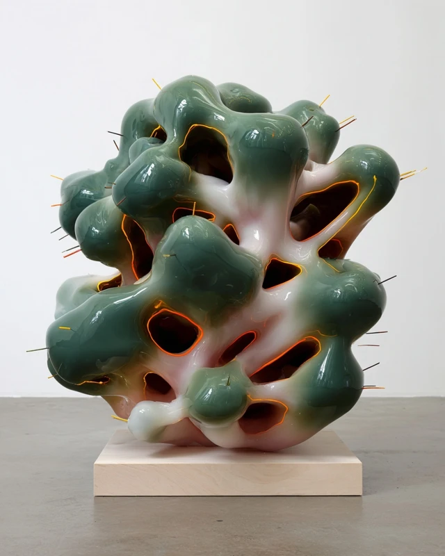 Abstract Ceramic Sculpture with Neon Orange Edges