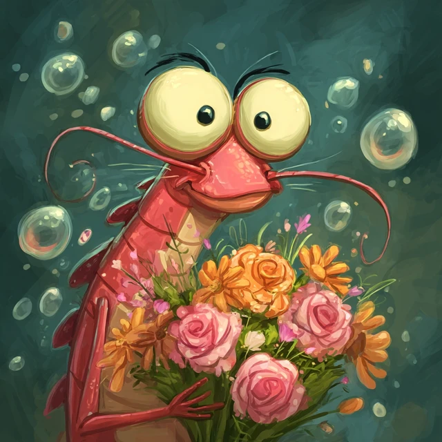 Crazy Shrimp with Flowers Cartoon Character