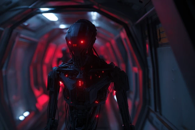 Futuristic Robot in Spaceship Corridor Cinematic Image