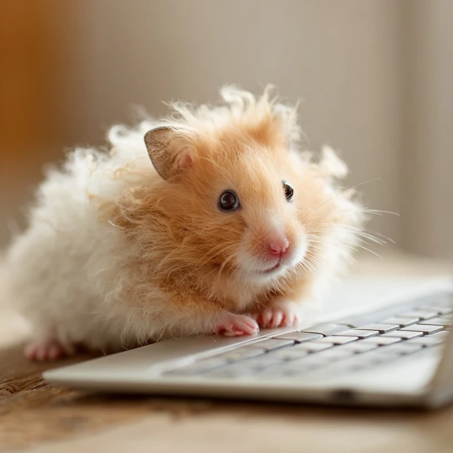 Hamster with Curly Hair Working on Laptop