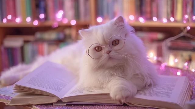 Cozy Cat Reading A Book With Glasses And Fairy Lights