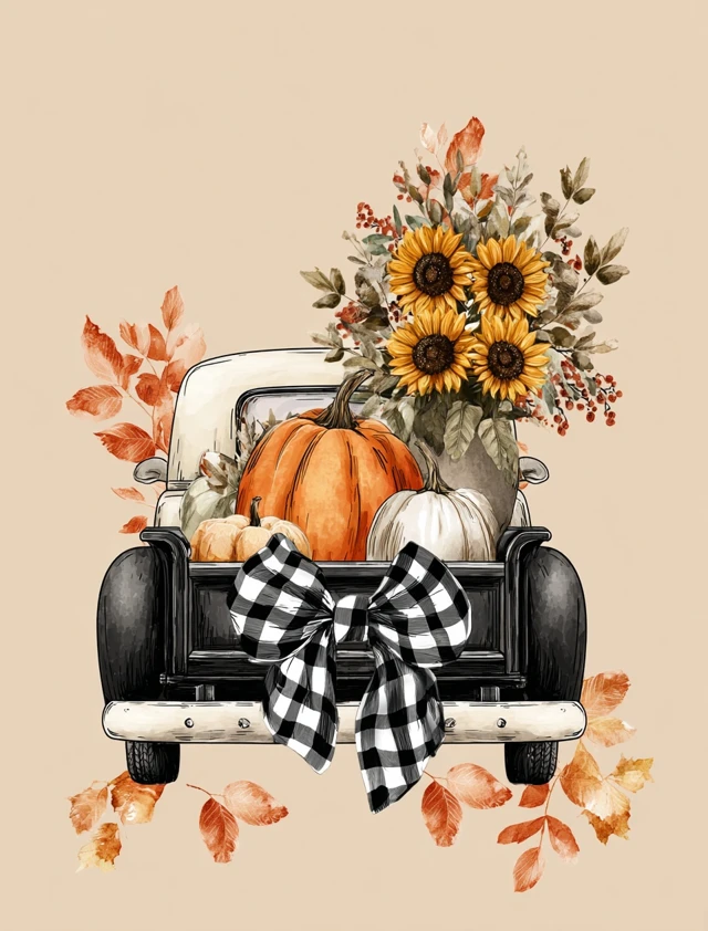 Fall Truck with Pumpkins and Sunflowers Watercolor