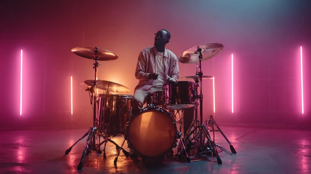 Jazz Drummer in Neon Lights 80s Style
