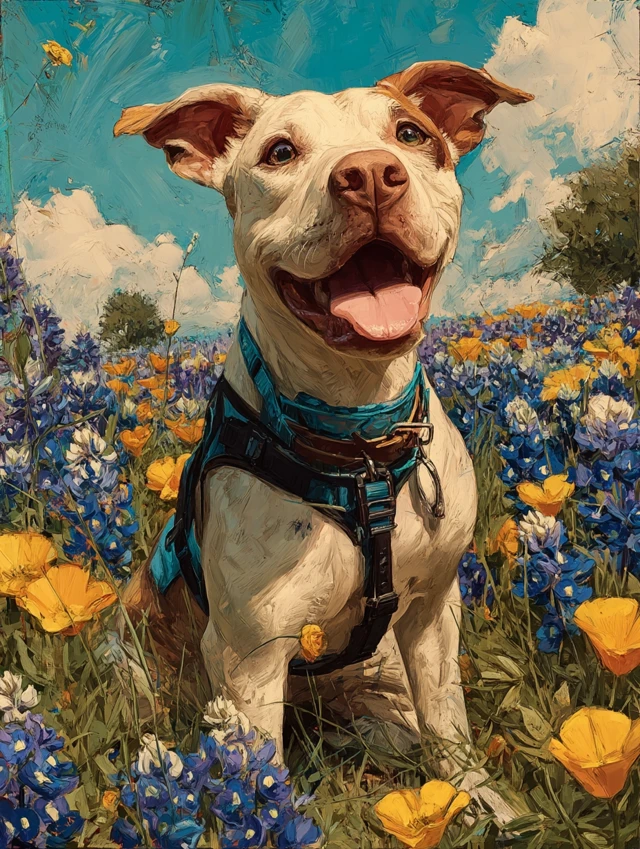 Happy Dog in Bluebonnet Field Illustration