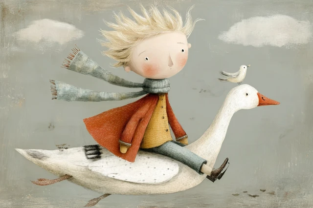 Charming Boy Riding Goose Little Prince Vibe Painting