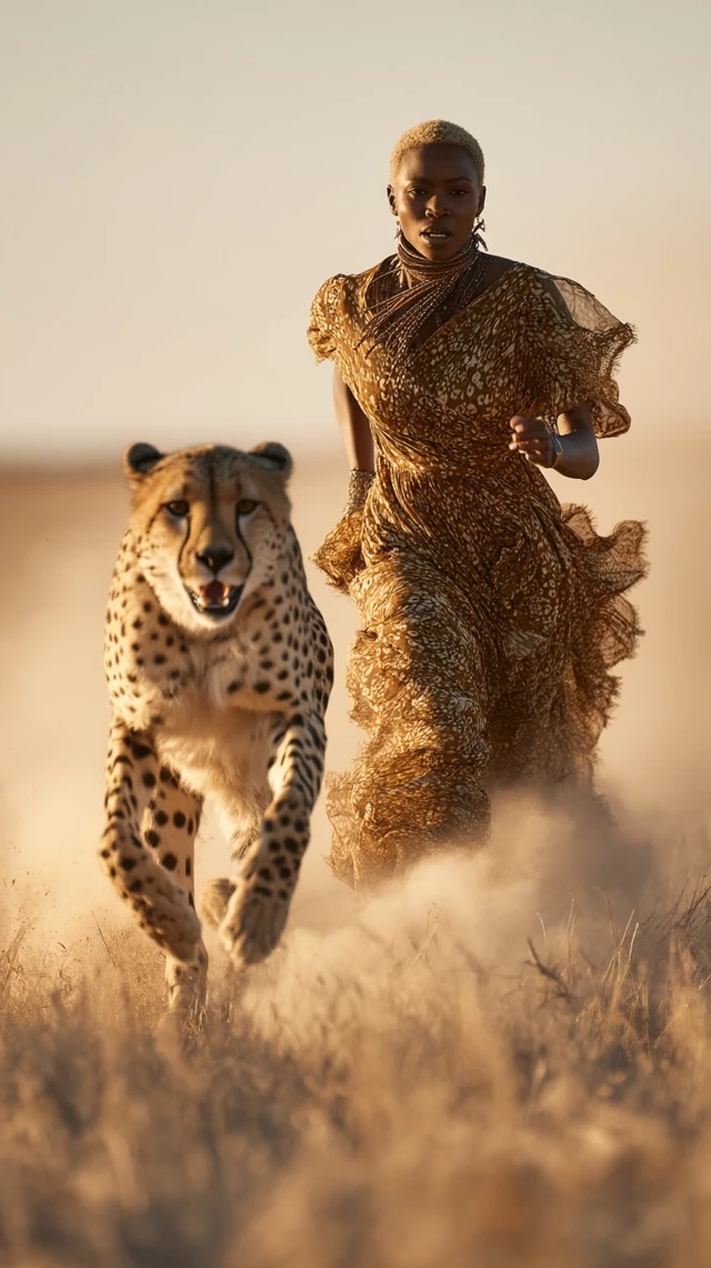 Cheetah and Woman: Power Unleashed on Golden Plains