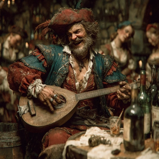 Medieval Minstrel in a Tavern with Lute Smiling