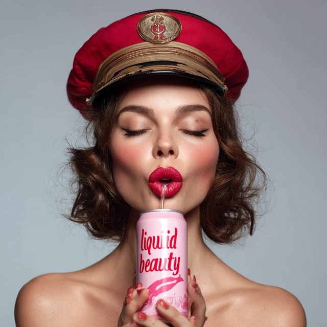 Woman with Red Lips Enjoying Drink Captains Hat