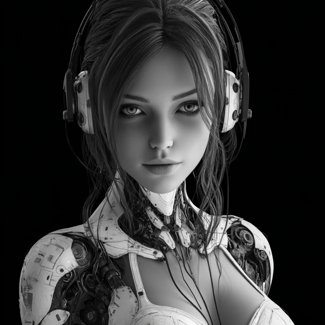 Friendly Female Robot Portrait in Black and White