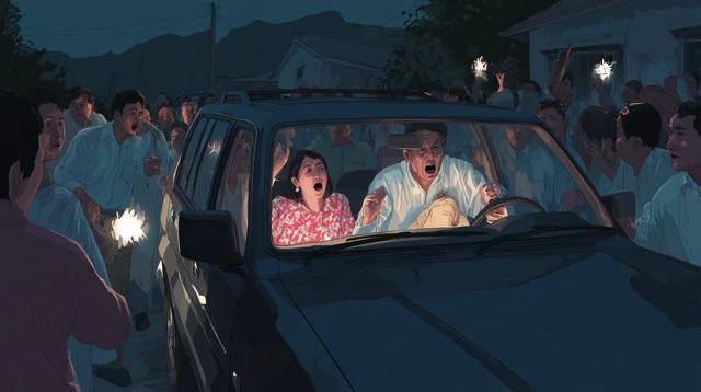 Nighttime Scene Tense Crowd SUV Illustration