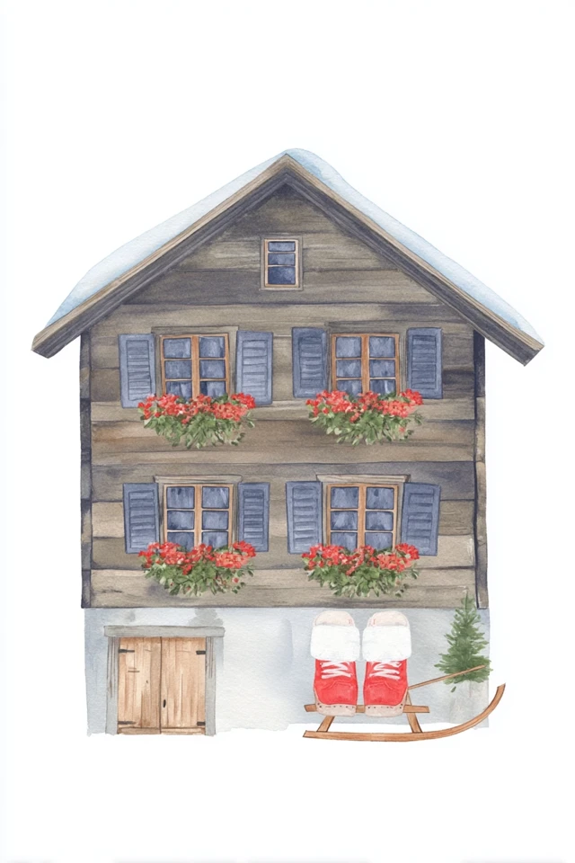 Swiss Chalet Watercolor Illustration