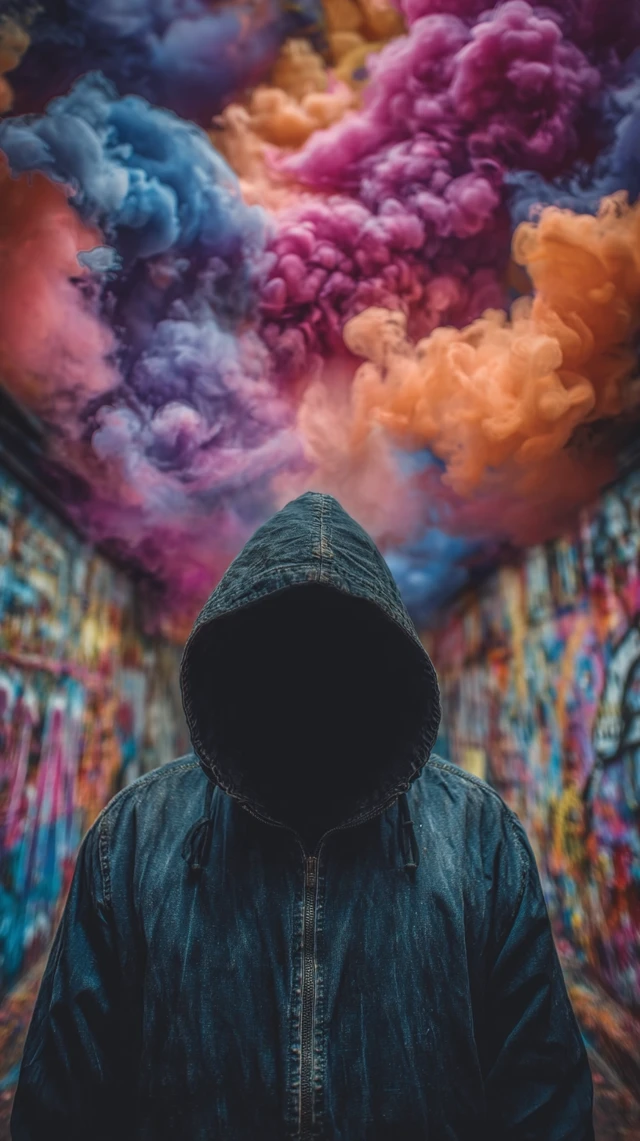 Mysterious Man in Graffiti Tunnel Cinematic Photo