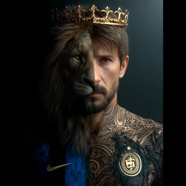 Half Lion Half Man King with Golden Crown Hyper Realistic