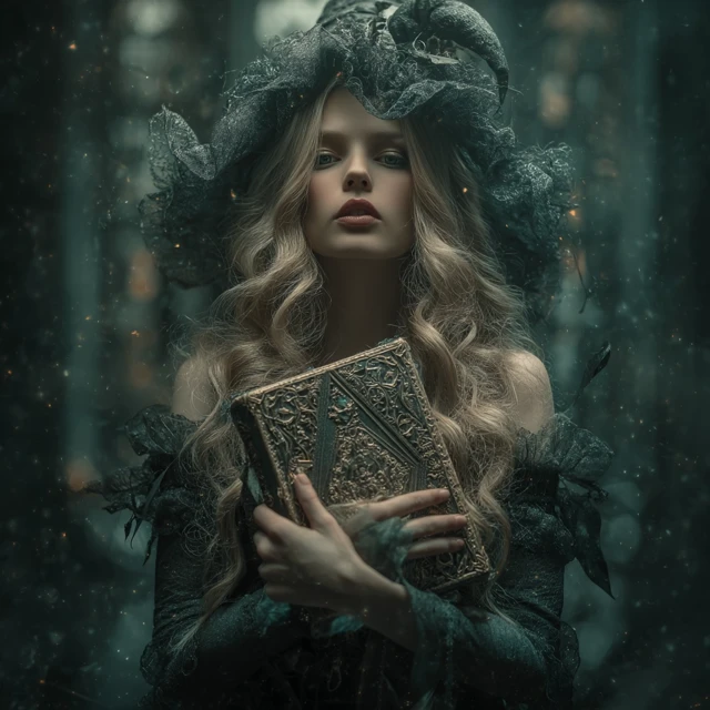 Beautiful Witch with Grimoire Ethereal Enchanted Design