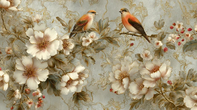 Vintage Floral Wallpaper with Birds and Gold Accents