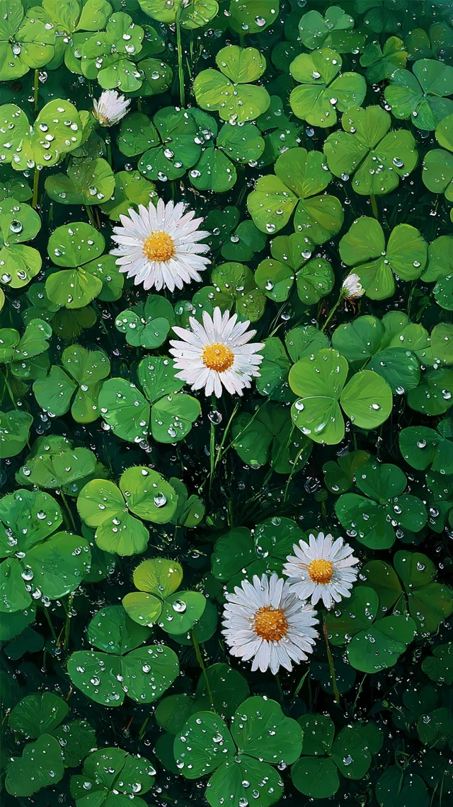 Four Leaf Clovers and Daisies After Rain