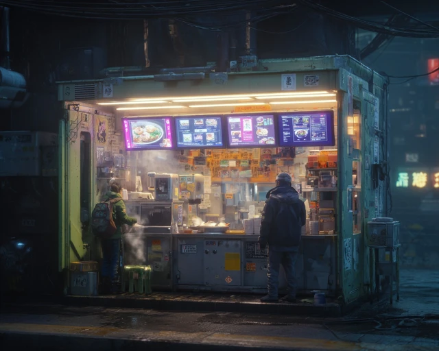 Cyberpunk Noodle Stall Neon City Lights