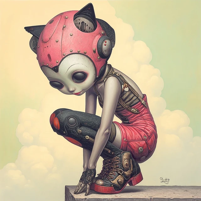 Surreal Robot and Girl Artwork Whimsical Illustration