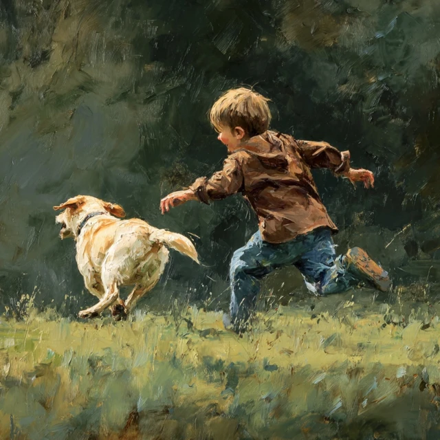 Boy Playing with Dog in the Green Field