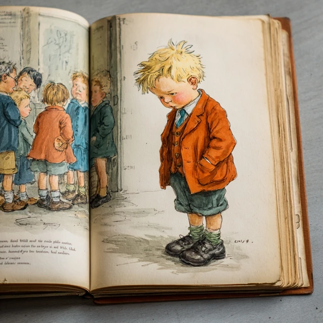 Mid Century Childrens Book Illustration Sad Boy