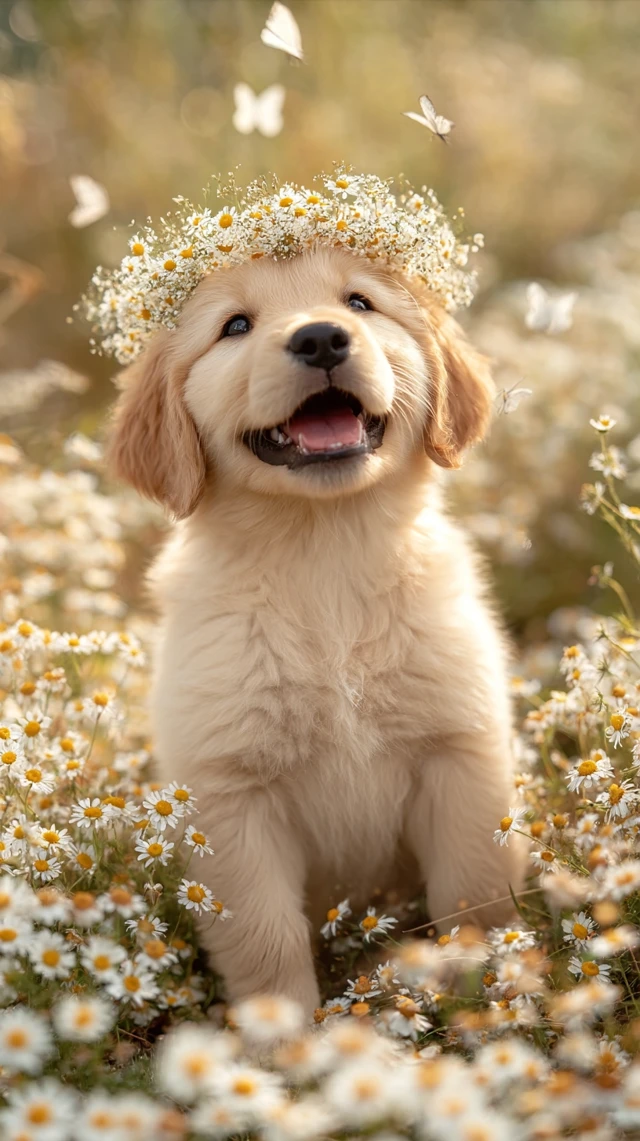 Golden Retriever Puppy with Flower Crown