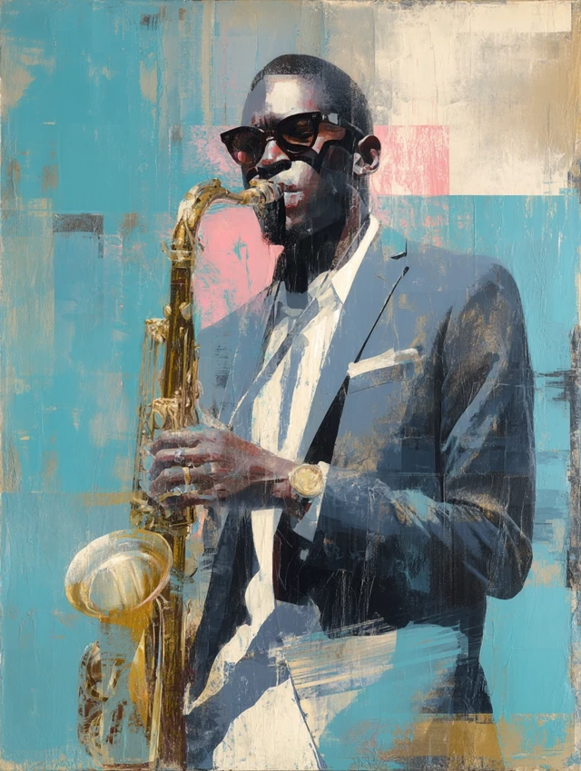Jazz Saxophonist in Shades of Blue and Gold Portrait