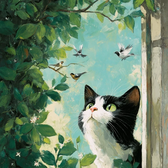 Whimsical Painting Cat and Birds